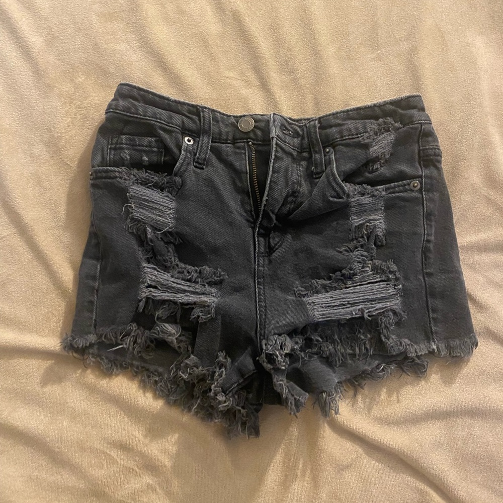Distressed Black Denim Shorts